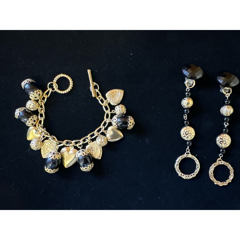 Ornate Filigree Set Puffy Hearts Glass Charm Bracelet & Clip On Earrings